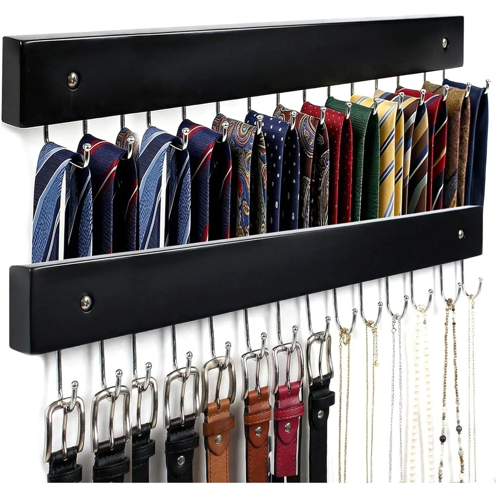 Set of 2 Black Metal Belt Tie Scarf Organizer Wall Mount Hanger Rack 11 Hooks